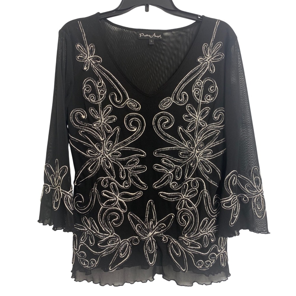 Pretty Angel Black Mesh Floral Embroidered V-Neck Bell Sleeve Blouse Top Large